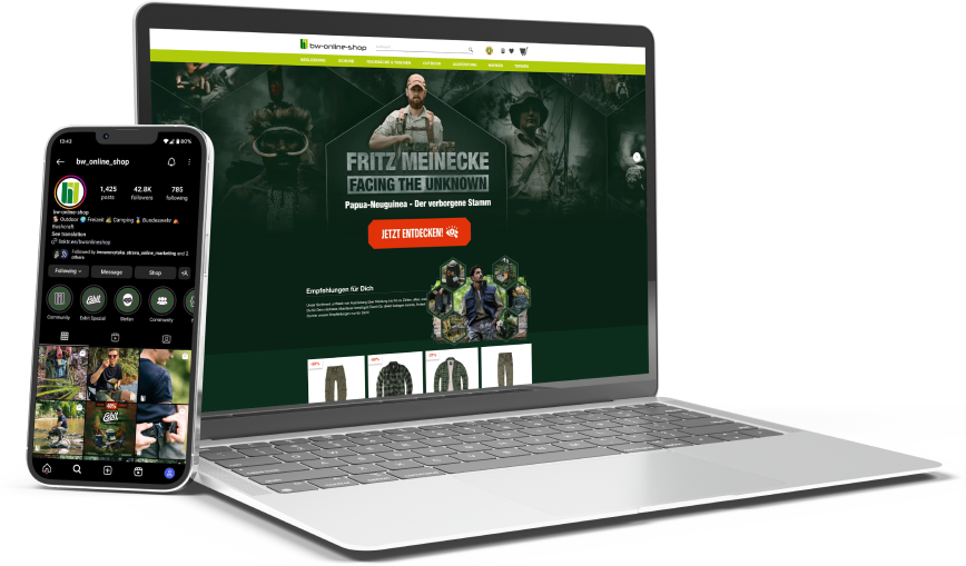Referenz bw-online-shop Influencer-Seite-Mockups auf MacBook Pro und iPhone